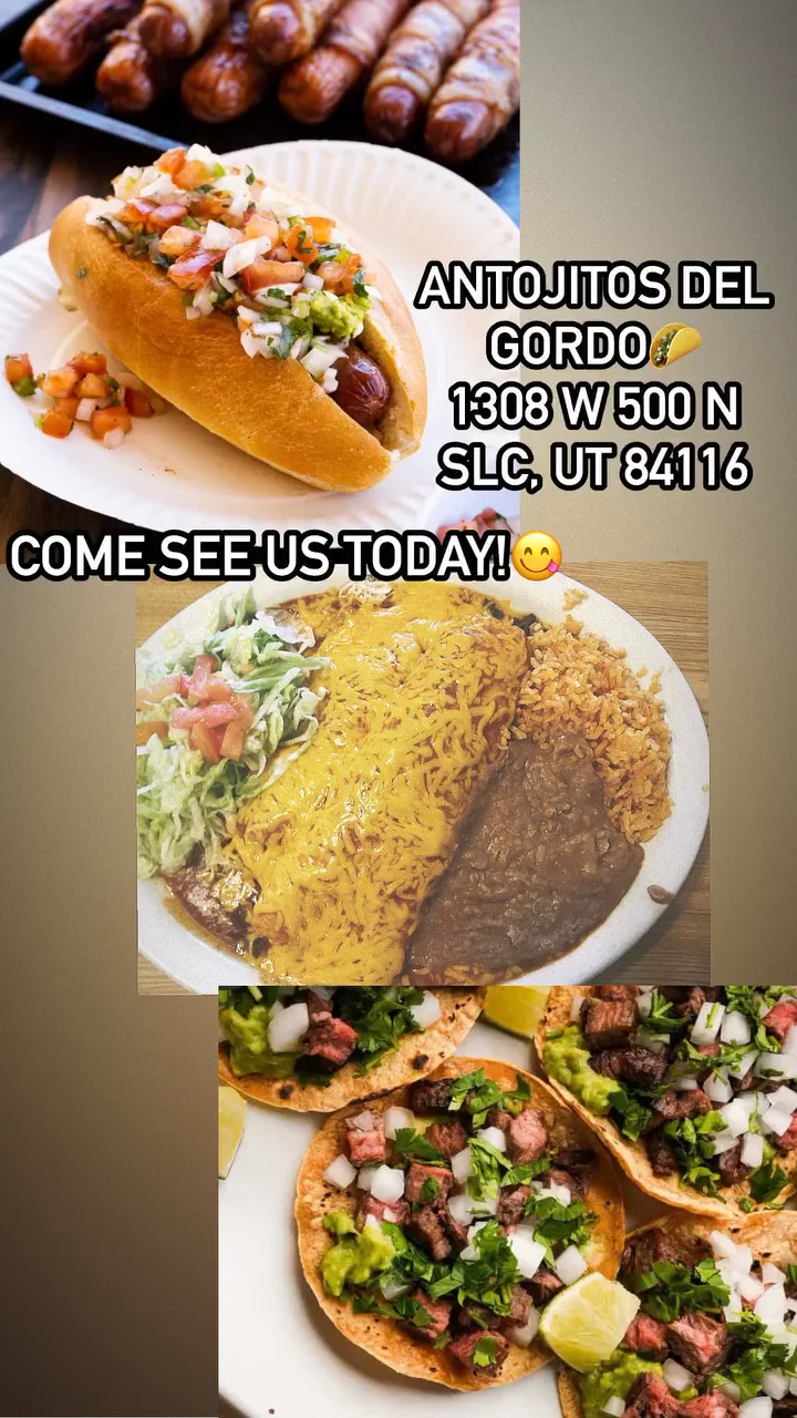 Antojitos food collage with hotdog, burrito and tacos